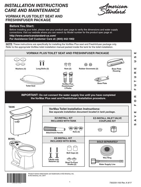 AMERICAN STANDARD VORMAX PLUS INSTALLATION INSTRUCTIONS CARE AND ...