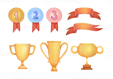 watercolor Golden Trophy cup, medals set, ribbons clip art, cut out ...