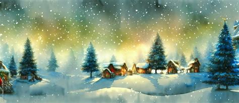 A Painting Of A Snowy Village With A Christmas Tree, Sensational ...