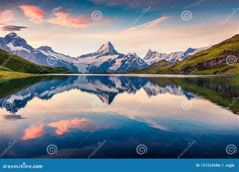 Colorful Summer Sunrise on Bachalpsee Lake with Schreckhorn and Stock ...