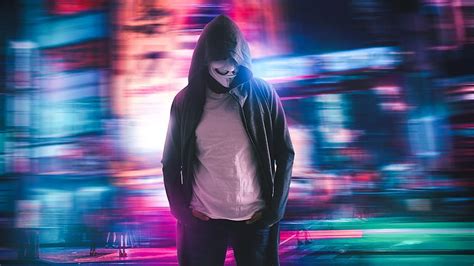 Anonymous , Neon, City lights, Urban, Light trails, graphy, hacker mask ...