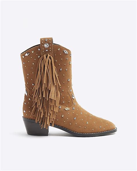 Brown Suede Fringe Embellished Western Boots | River Island