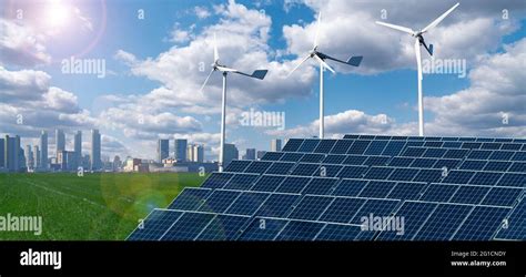 Wind turbines and solar panels. Skyscrapers on the horizon. Eco city ...