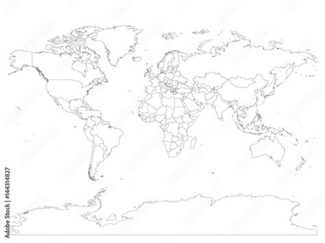 World map with country borders, thin black outline on white background ...