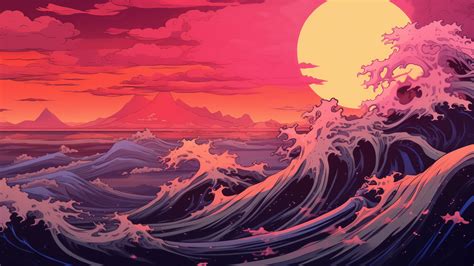 Ocean Wave Sunset Japanese Art 4K #8761m Wallpaper PC Desktop