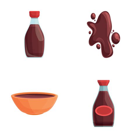 Soy sauce icons set cartoon vector. Soy sauce in glass bottle and bowl ...