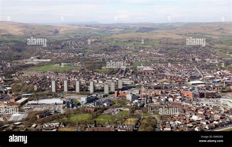 aerial view of the Rochdale town skyline against The Pennines in ...