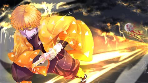 Demon Slayer Zenitsu Agatsuma With Background Of Dark Clouds And ...