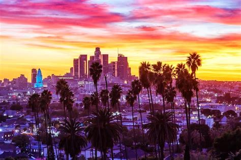 Premium Photo | View of downtown los angeles skyline with palm trees at ...