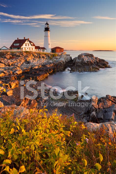 Portland Head Lighthouse, Maine, Usa At Sunrise Stock Photo | Royalty ...