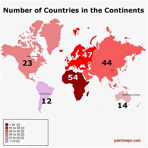 Number of Countries in the Continents. Generated with paintmaps.com : r ...