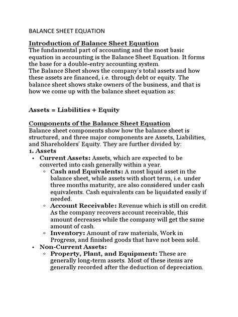 Balance Sheet Equation | PDF | Balance Sheet | Equity (Finance)