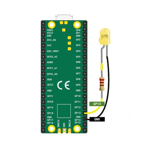 A wiring diagram for a Raspberry Pi Pico and an LED.