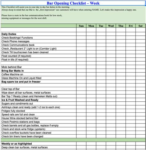 Free Bar cleaning, opening and closing checklist Template google sheets ...