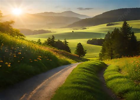 Puesta De Sol En Las Montañas Con Un Camino Colinas Verdes Hermosa ...