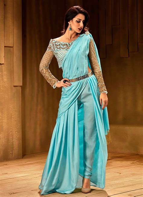 Buy Sky Blue Indowestern Saree N Pant Set, Embroidered, indowestern ...