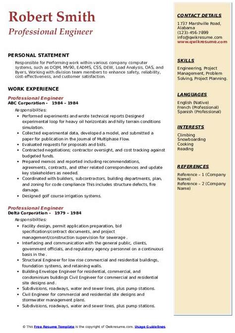 Professional Engineer Resume Samples | QwikResume