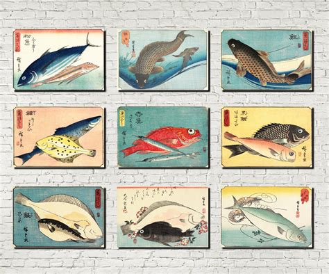 Japanese Art Fish Prints Set 9 Hiroshige Fisherman Gift | Etsy