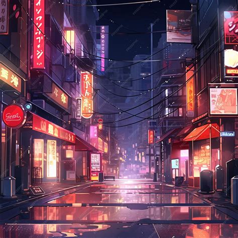 Anime city street scene with neon signs and a puddle of water ...