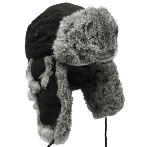 Extra Warm Black Trapper Hat Russian Winter Cap Ear Flaps Grey Rabbit ...