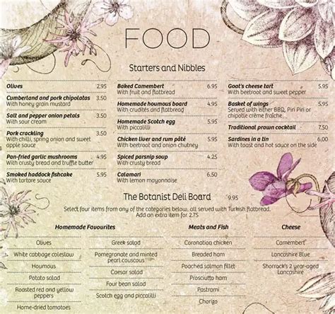 Menu at The Botanist restaurant, Manchester, Deansgate