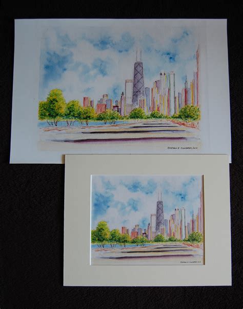 Chicago skyline watercolor painting of Lake Michigan at night.