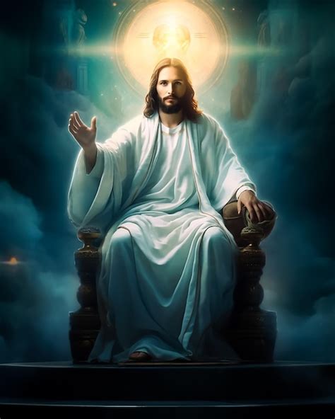 A painting of jesus sitting on a throne with the sun shining on him ...