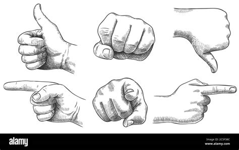 Engraved hands gesture. Hand drawn like and dislike, sketch punch and ...