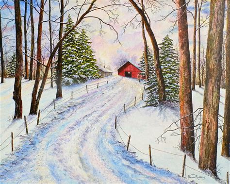 Winter Landscape Snow Painting Red Barn Painting Snow Scene Landscape ...