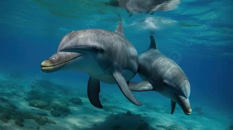 Closeup View Of Two Dolphins Swimming Underwater Background, Dolphins ...