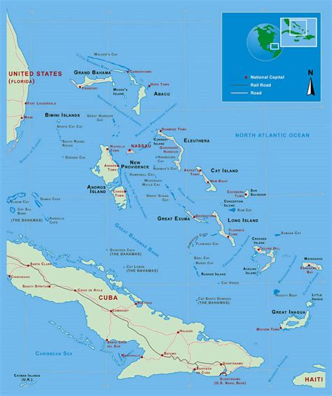 Detailed political map of Bahamas with roads, railroads and major ...