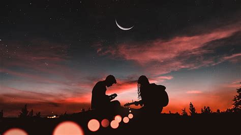 HD wallpaper: Couple, Playing guitar, Silhouette, Romantic, Half moon ...