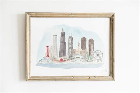 Chicago Skyline Watercolor Painting, Illustrated City Art, Chicago ...