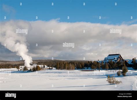 Old Faithful Geyser, Old Faithful Lodge and ski trail, winter, Upper ...