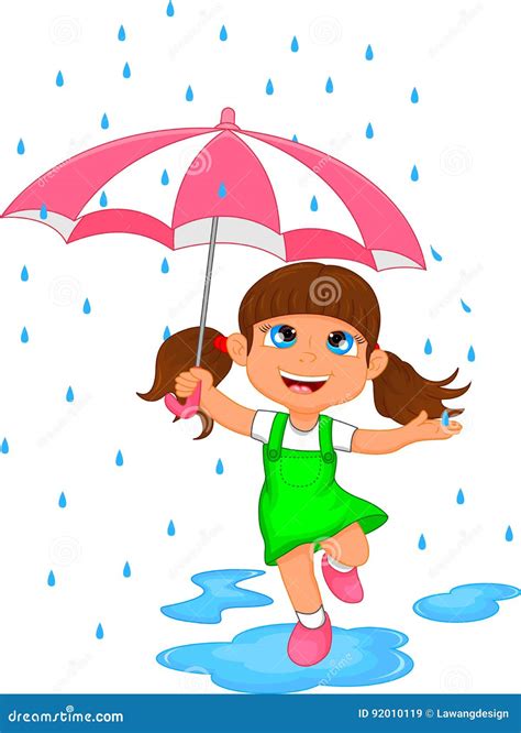 Happy Girl in Rain with Umbrella Stock Vector - Illustration of cute ...