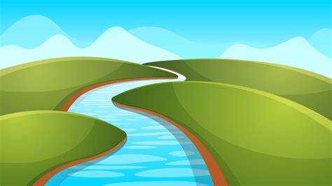 Landscape cartoon, illustration. River, sun, hill. 456503 Vector Art at ...