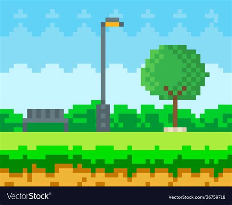 Pixel art game nature landscape with trees bushes Vector Image