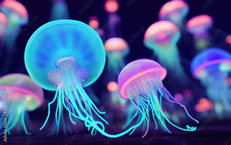 Bioluminescent jellyfish in the deep sea Stock Illustration | Adobe Stock