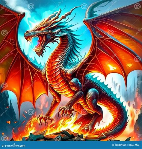 3D Rendering of a Fantasy Dragon with Wings and Fire in the Background ...