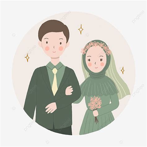 Cute Wedding Couple In Green Wearing Hijab Illustration In Hand Drawn ...