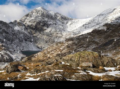 View of the snow covered summit of Snowdon in Snowdonia National Park ...