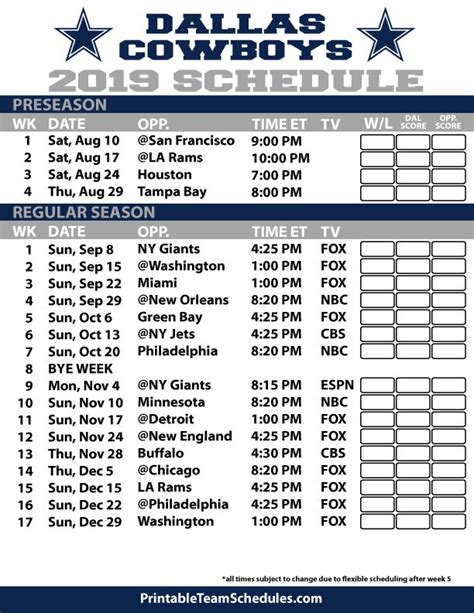 Dallas Cowboys 2023 Printable Schedule