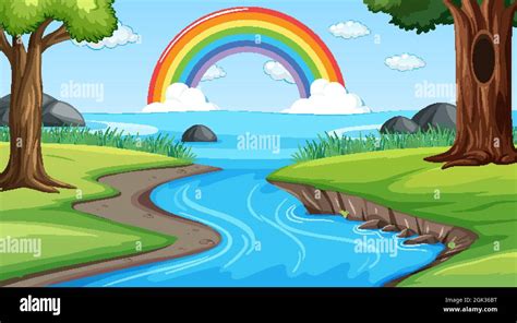 Nature scene background with rainbow in the sky illustration Stock ...