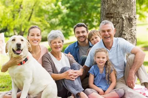 Portrait of an extended family with their pet dog sitting at the