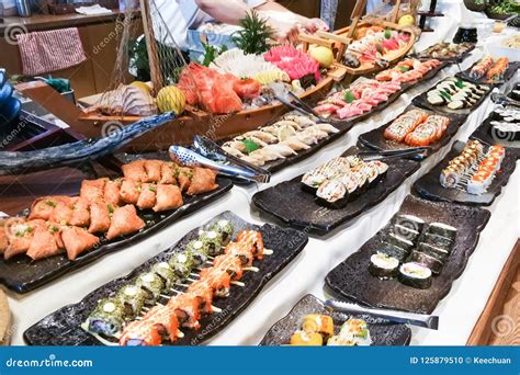 Delicious Japanese Fresh Shashimi Sushi Buffet Spread at Restaurant ...