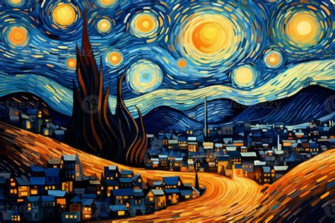 A Painting of a Starry Night with the Sky and Full Moon over the Town ...