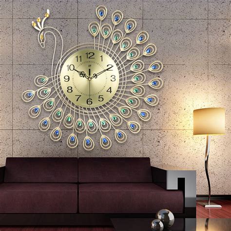 Large 3D Gold Diamond Peacock Wall Clock Metal Watch for Home Living ...