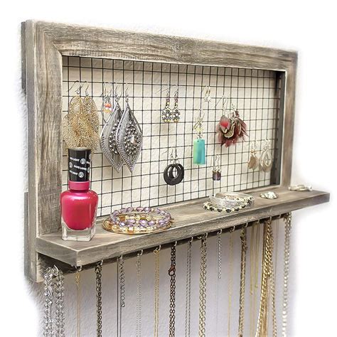 Rustic Brown Jewelry Organizer Wooden Wall Mounted Holder For Earrings ...