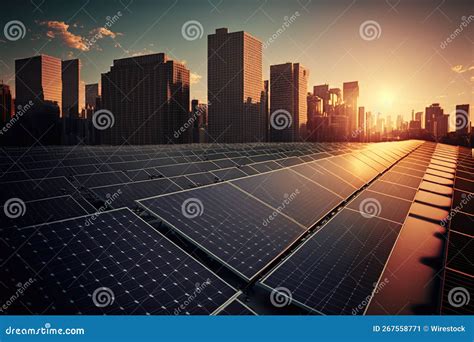 AI Generated Illustration of Solar Panels Against Skyscrapers at Sunset ...