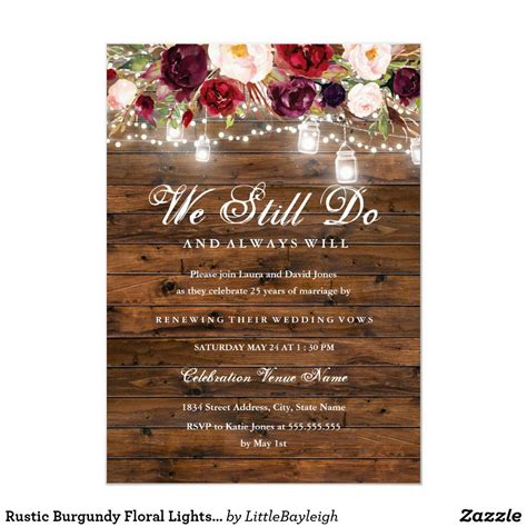 Rustic Burgundy Floral Lights Wedding Vow Renewal Invitation | Zazzle ...